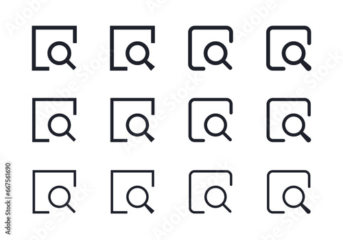 Linear magnifier in rectangle vector icon set. Searching interface icon for web. Magnifier different types.