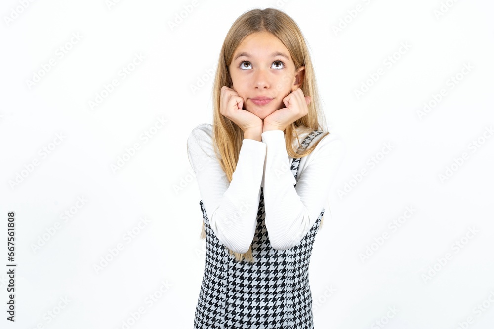 Portrait of sad Beautiful caucasian teen girl hands face look empty space Portrait of sad Beautiful caucasian teen girl hands face look empty space