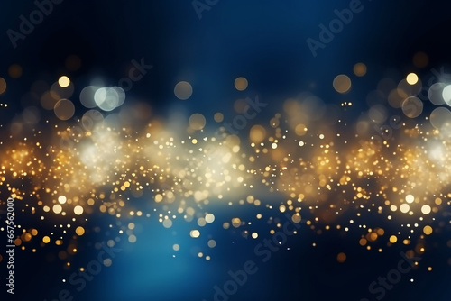 abstract background with blue and gold particle. Christmas Golden light shine particles bokeh on navy blue background.