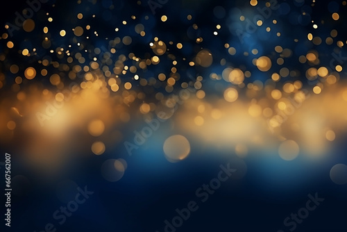 abstract background with blue and gold particle. Christmas Golden light shine particles bokeh on navy blue background.