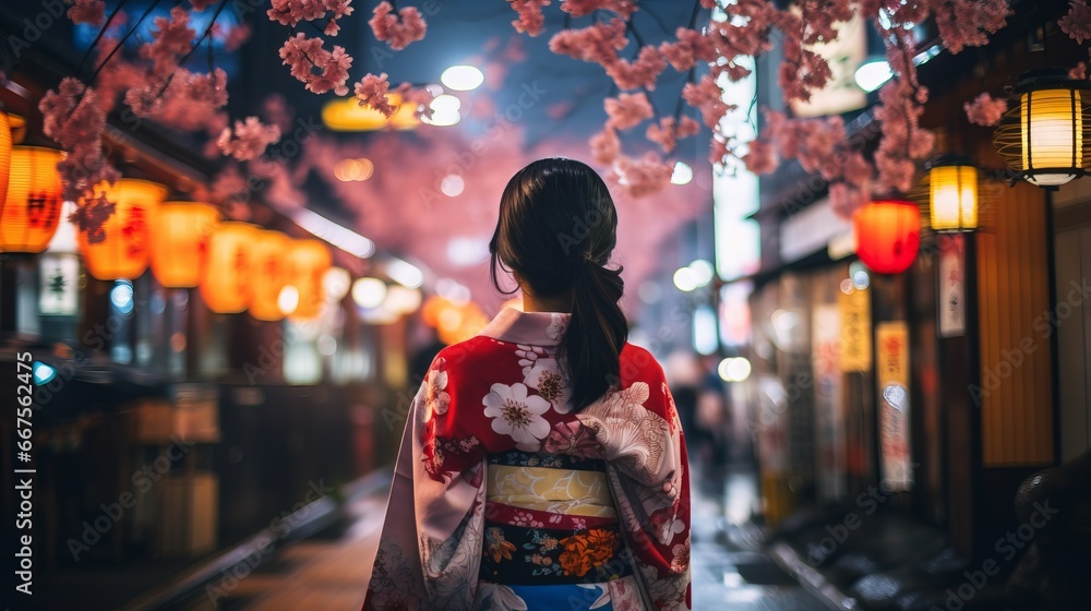 Asian woman wearing japanese traditional kimono at kyoto,night city in new year japan