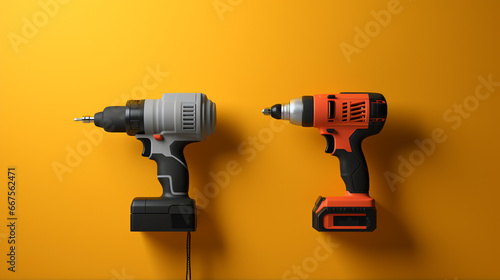 3d cordless drill background on a yellow wall with copy space photo