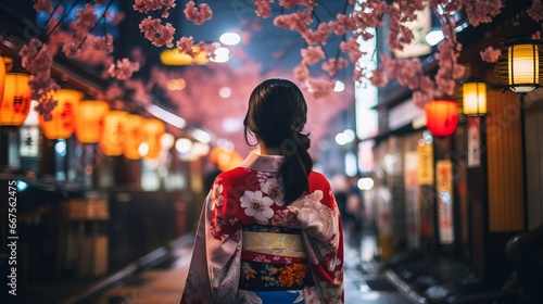 Asian woman wearing japanese traditional kimono at kyoto,night city in new year japan