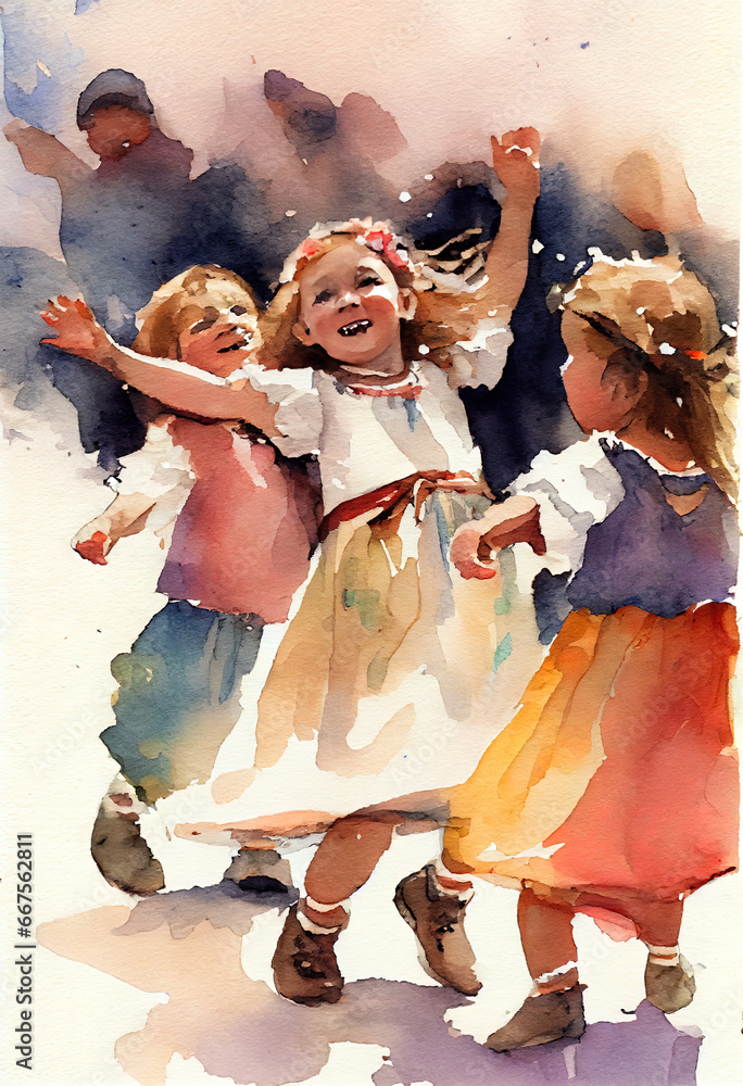 Naklejka premium Watercolor happy dancing childs. Ai render