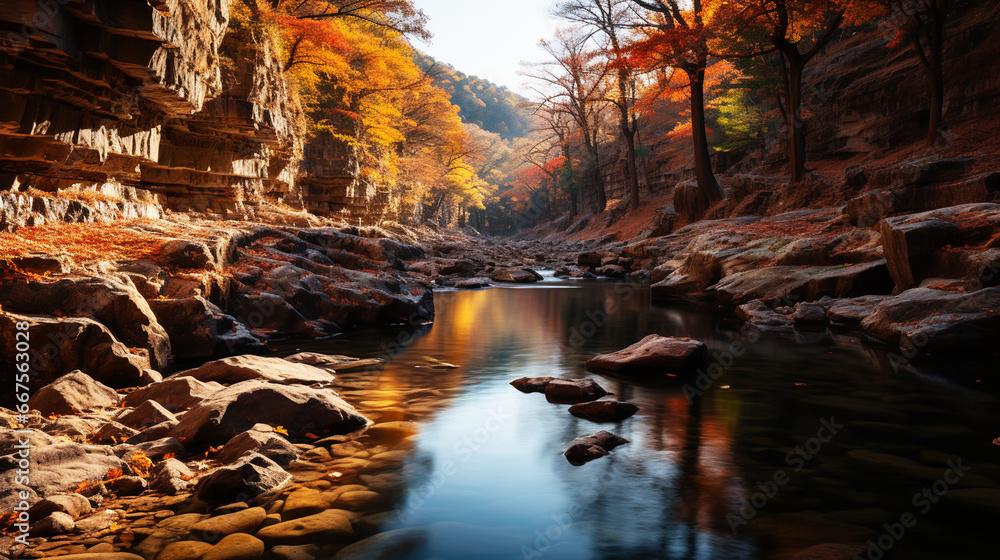 calm river flow through the mountain canyon, autumn mountain river scene