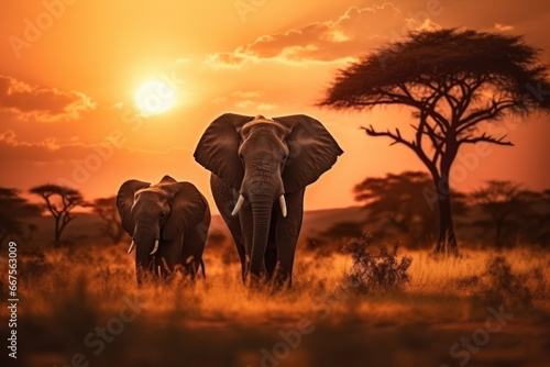 African safari sunset panoramic background with silhouette of the animals