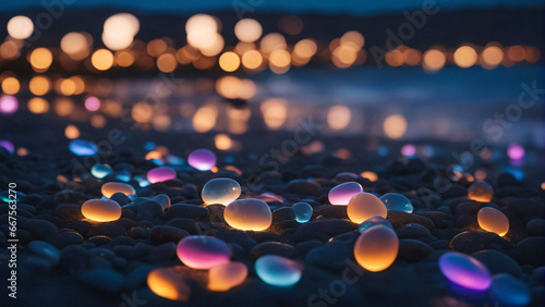 Crystal pebbles glowing in the sea beach at night.