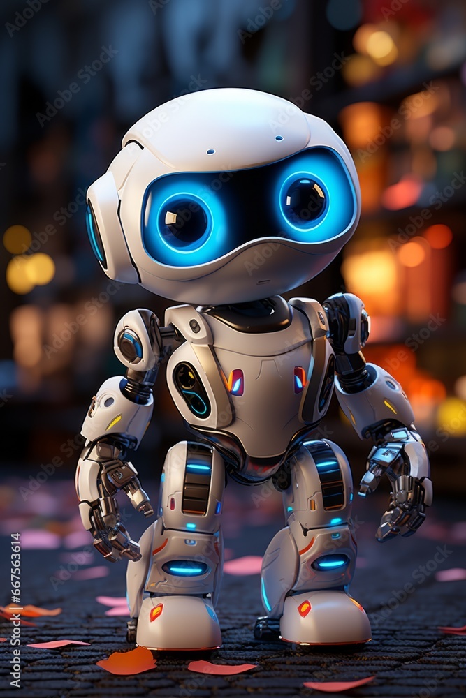 Robot on the background of the night city. Robot on the background of the night city.