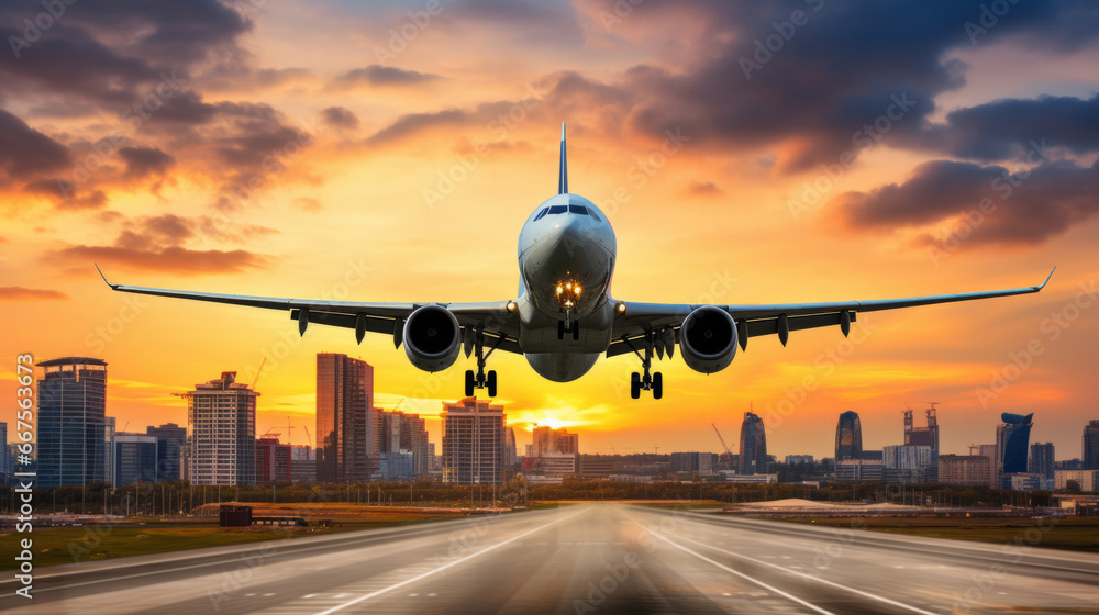 Fototapeta premium Passenger plane departing in sunset. Cityscape in background.