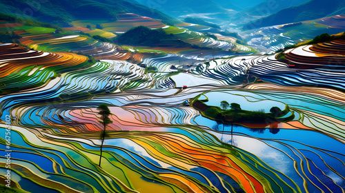 colorful Rice fields on terraced in Mu cang chai, Vietnam Rice field, Majestical contours and patchwork curves of efficient Vietnamese agriculture land. Immense plantation drone birds eye view,