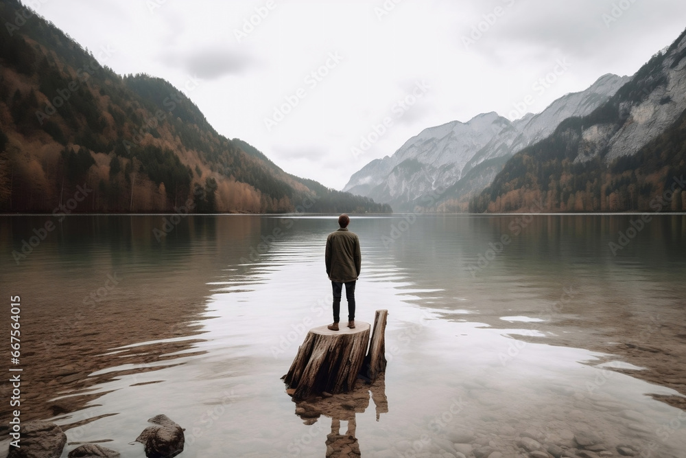 Man standing on shore of lake at mountain landscape generative ai Man standing on shore of lake at mountain landscape generative ai