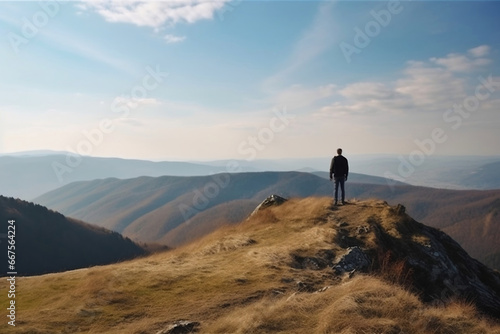 Man standing on the hill at mountain landscape generative ai © Tohamina