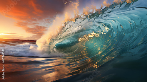  ocean wave. Sea water wave shape. Sunset light and beautiful clouds on beach background
