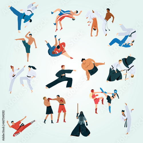 martial arts icons set with fighting symbols flat vector isolated illustration