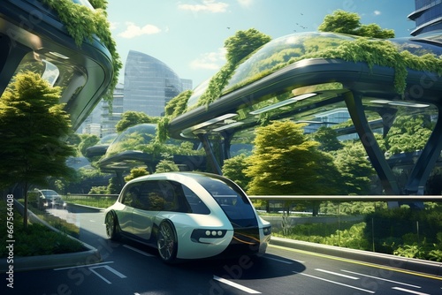 Eco-friendly auto cruising city streets among urban background during daylight. Innovation and mobility vision. Generative AI