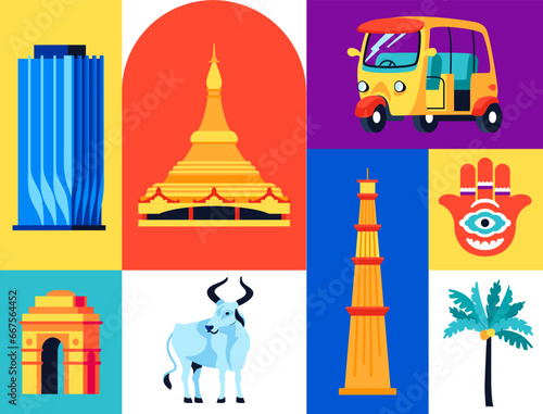 National Treasure of India - set of flat design style illustrations