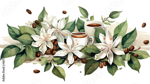 Beautiful stock clip art vector illustration with hand drawn set watercolor coffee plant branch with white flowers green leaves and red beans.