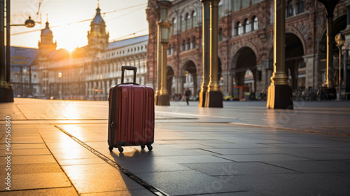 Suitcase in beautiful european city. Lost or forgotten. Travel concept.Suitcase in beautiful european city. Lost or forgotten. Travel concept. © Allistair/Peopleimages - AI