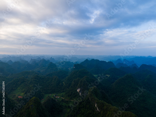 Aerial view of Thung mountain in Tra Linh, Cao Bang province, Vietnam with lake, cloudy, nature. photo