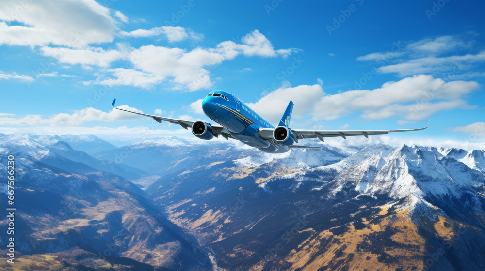 Fototapeta premium Passenger plane seen flying over mountain peaks. Travel concept.