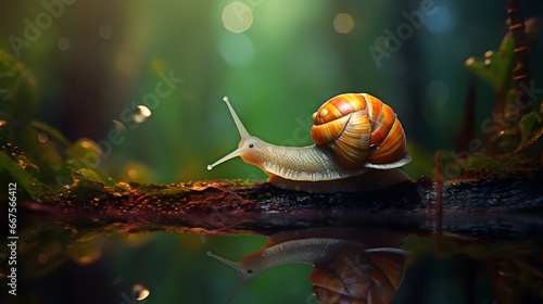 Macro photo of snail on mossy wood in rainy forest, snail on green natural background