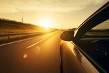Car driving towards sun on road. Generative AI