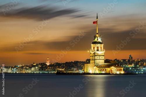 Sunset view of the Maiden Tower and Istanbul skyline, Turkey
