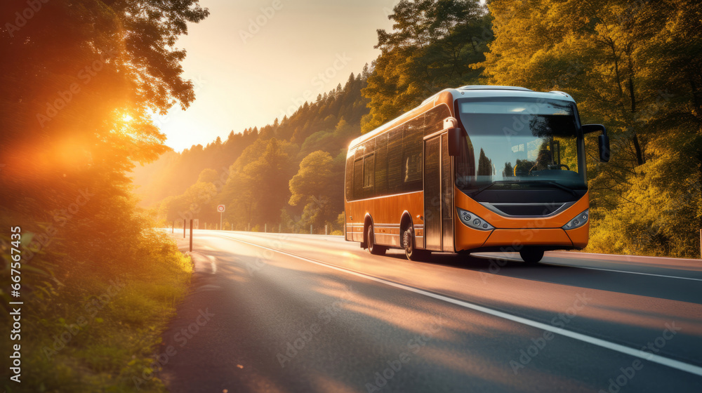 Tourist bus seen travelling through scenic street. Lush green trees. Travel concept.