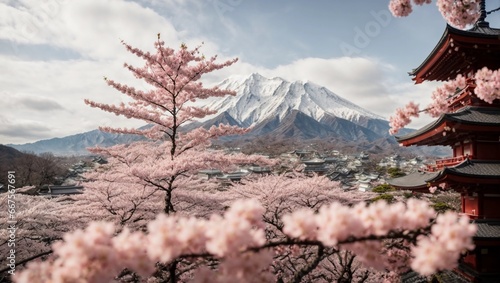 A close-up shot of a blooming cherry blossom tree in Japan, with a traditional temple and a mountain in the background