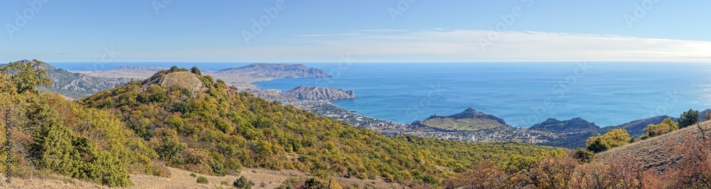 Panorama of Sudak valley from Perchem Mountain, Crimea, Russia.