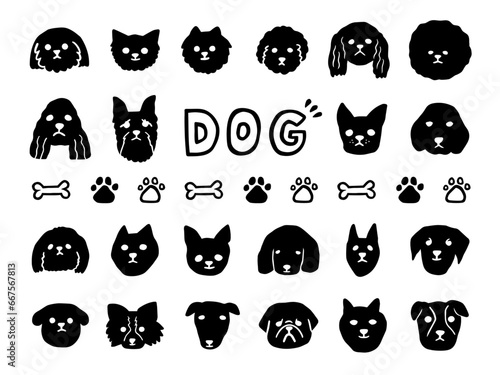 手描きの犬アイコンセット　モノクロ