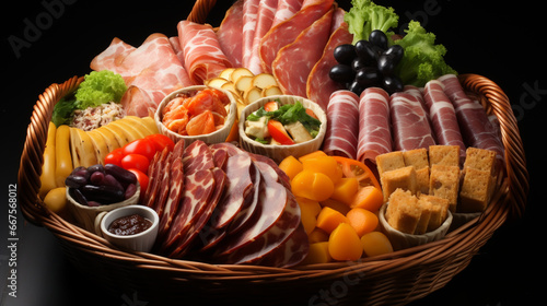 Lot of different raw meat in basket on wooden table on wooden background