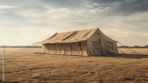 a very large military tent standing in a vast field, highlighting the strategic importance of field camps. Ideal for military and defense concepts photo
