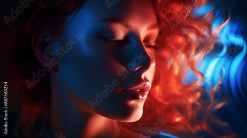 Woman with two colors of light in front of her face  in style of curves blurred red and blue color light. Beauty portrait closeup  long exposure