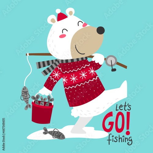 Illustration of a friendly polar bear in a sweater and a woolen hat coming from fishing with his fishing rod, print design