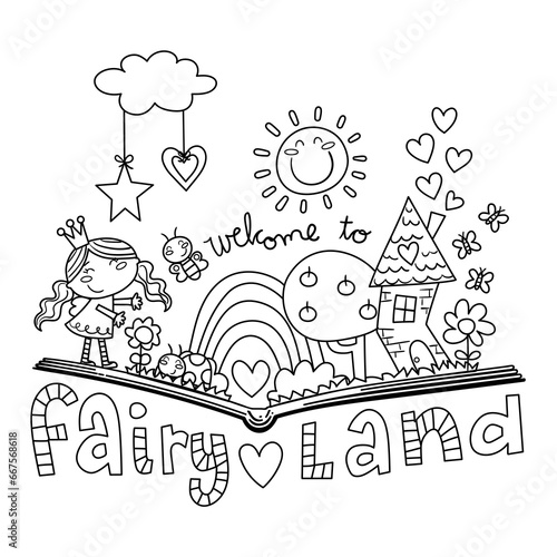 Illustration in black and white of an open book from which a fantasy landscape emerges, with a fairy, a rainbow, a house, butterflies, coloring page