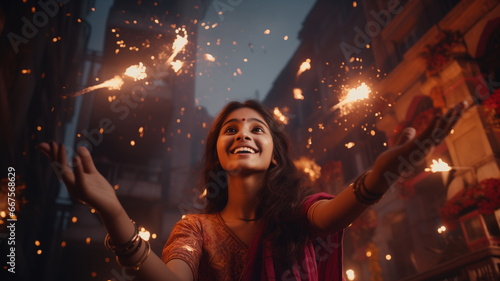 Young woman on background flying lanterns on occasion of Happy Diwali, back, oil lamp light, lit on colorful rangoli during diwali celebration. Hindu festival of lights celebration
