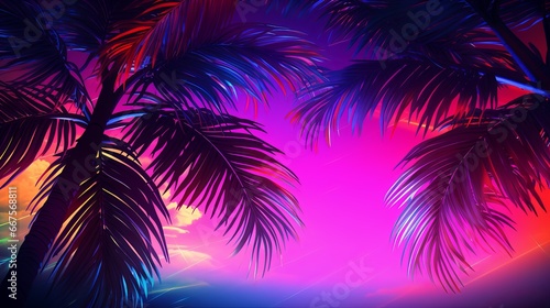 Colorful beach party background illustration  neon palm trees against the night sky  rave festival design