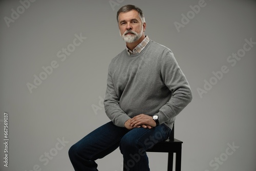 Portrait of a casual senior sitting on a chair on white background