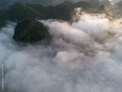 Aerial landscape in Phong Nam valley  an extreme scenery landscape at Cao bang province  Vietnam with river  nature  green rice fields