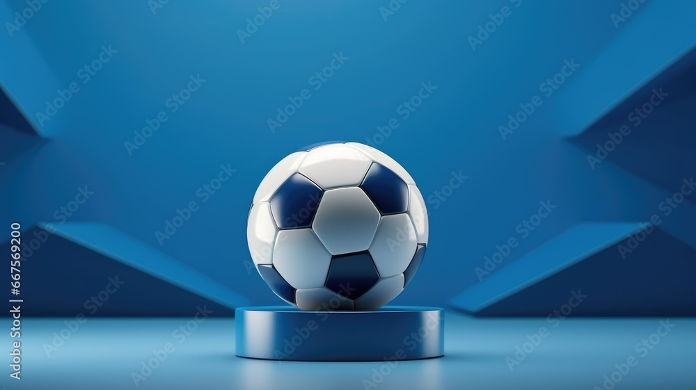 A pristine soccer ball positioned on a cylindrical platform with sharp geometric patterns in a blue room, exuding an air of modern elegance. A pristine soccer ball positioned on a cylindrical platform with sharp geometric patterns in a blue room, exuding an air of modern elegance.