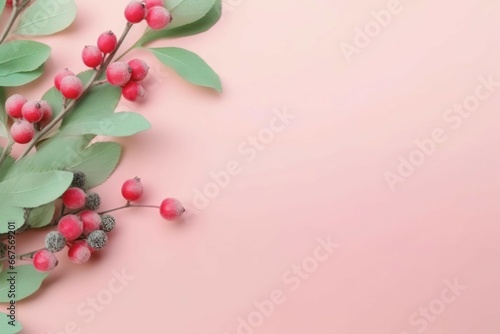 Cowberry branch closeup on pink background. Vitamin herbal leaves macro juicy. Generate Ai