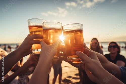 Young group party people toast with beer on the beach. Generative AI photo