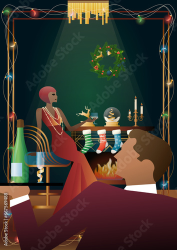 Well-dressed human during a festive dinner with friends on New Year s Eve at the luxury restaurant or home. Concept for holiday, winter holidays, New Year, Christmas