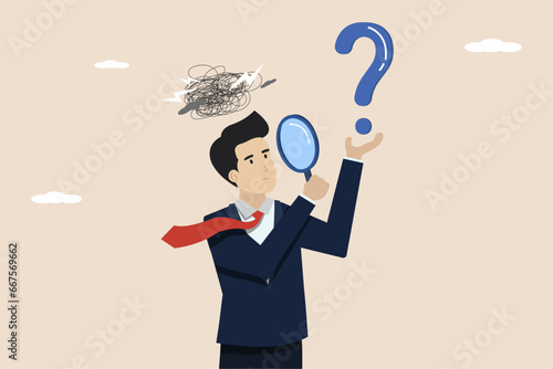 Looking for ideas to solve business problems, business difficulties concept, looking for solutions, FAQ concept, confused businessman looking for solutions to complex business problems.