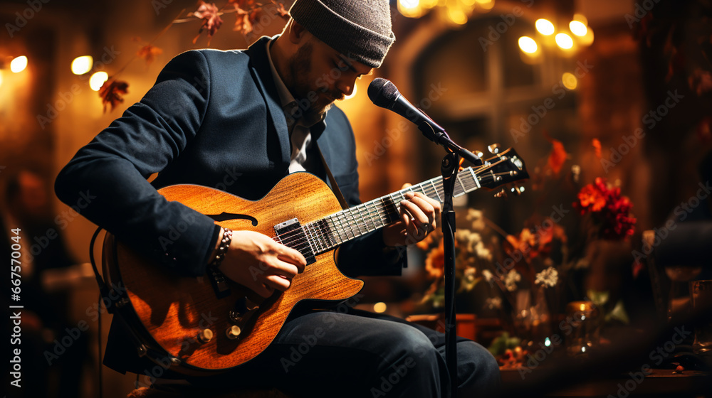 Obraz premium Guitarist on stage and sings at a concert for background, soft and blur concept