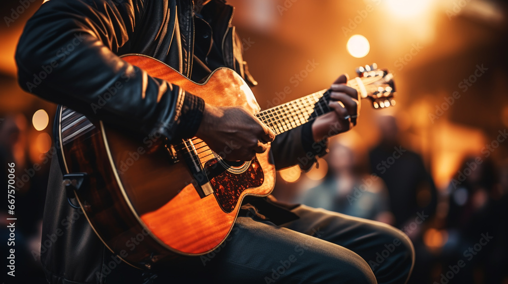 Obraz premium Guitarist on stage and sings at a concert for background, soft and blur concept
