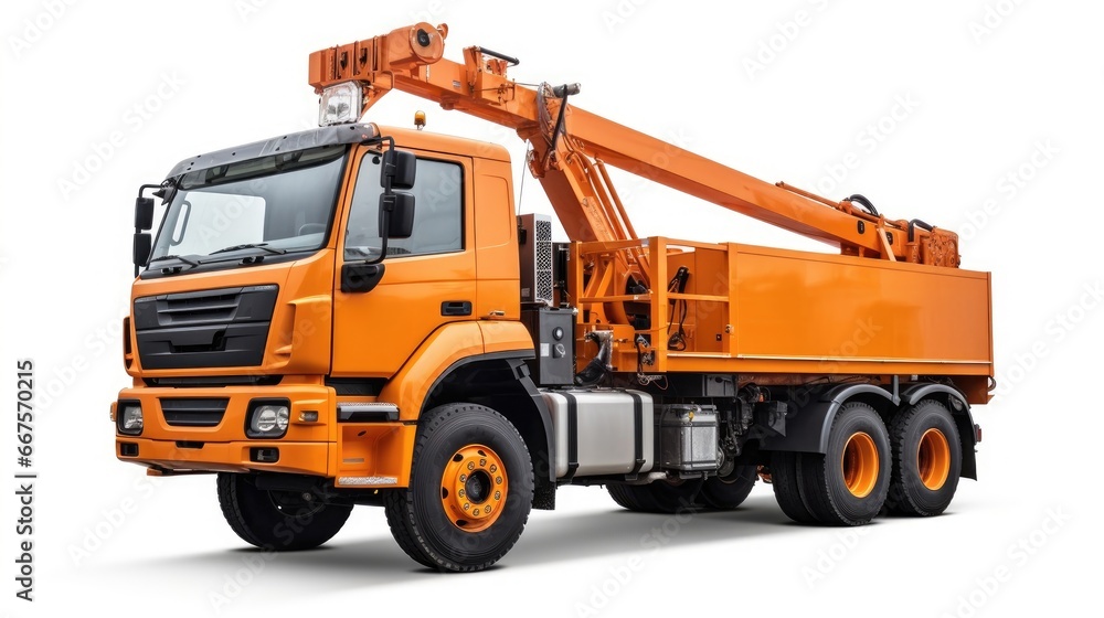an orange truck with a crane, isolated on a clean white background, symbolizing the efficiency and power of industrial equipment