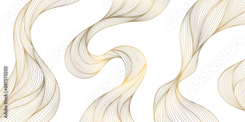 Vector art deco wavy luxury pattern, golden wave line japanese style background. Organic dynamic pattern, texture for print, wall art, packaging design.