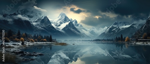 A breathtaking view of a snowy mountain range, where a peaceful lake lies surrounded by snow-covered peaks in the foreground, under a backdrop of a cloudy sky. photo